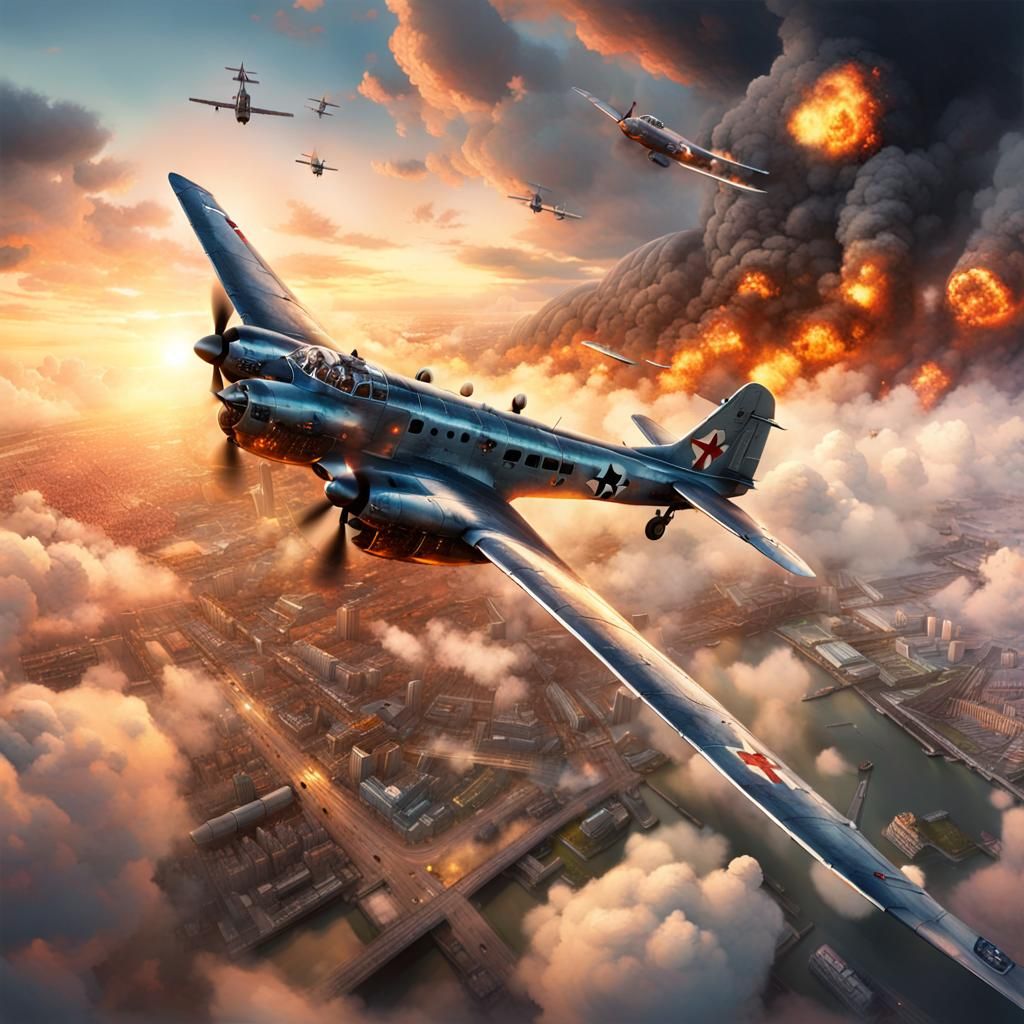 Airplane Gun Fight over Berlin at Sunset