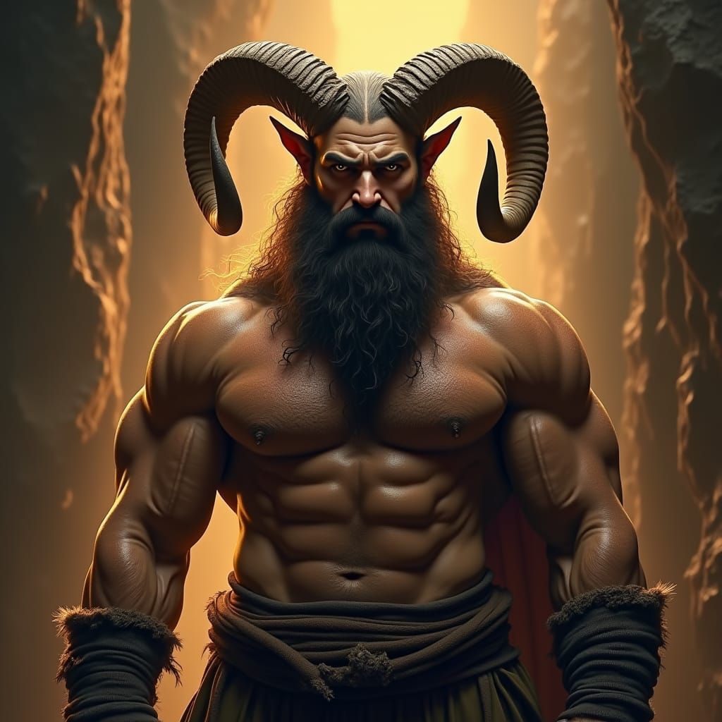Ram-Horned Man in Mystical Realm: Hyper-Detailed Concept Art