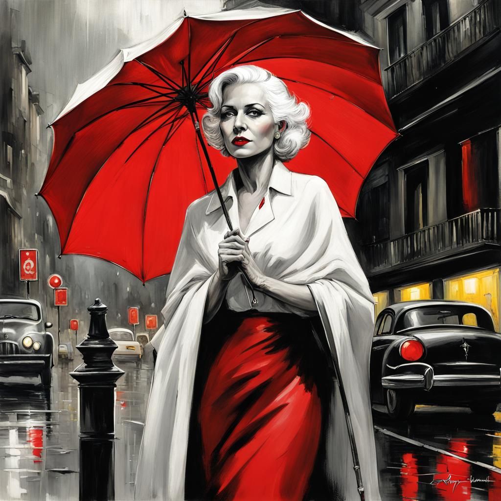 White-Haired Lady with Red Umbrella in Noir Style