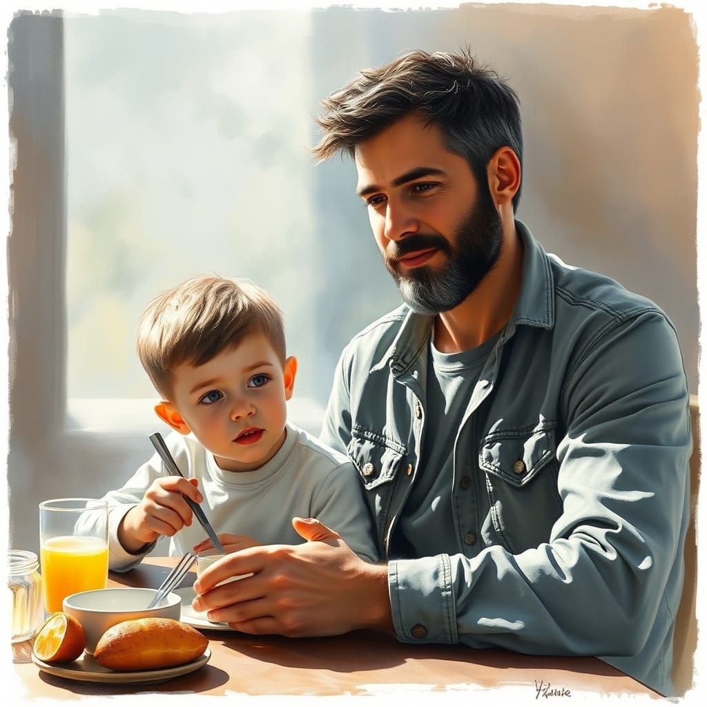 Father and Son Breakfast: Ethereal Charcoal Art