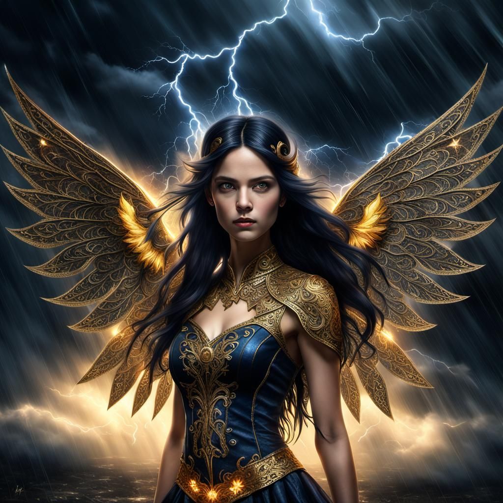 A dark haired Lightning fairy with midnight eyes glowing in ...