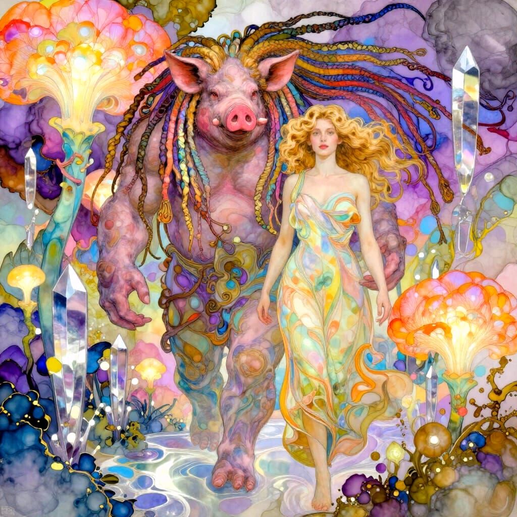 Ethereal Ork and Woman in Surreal Dreamscape