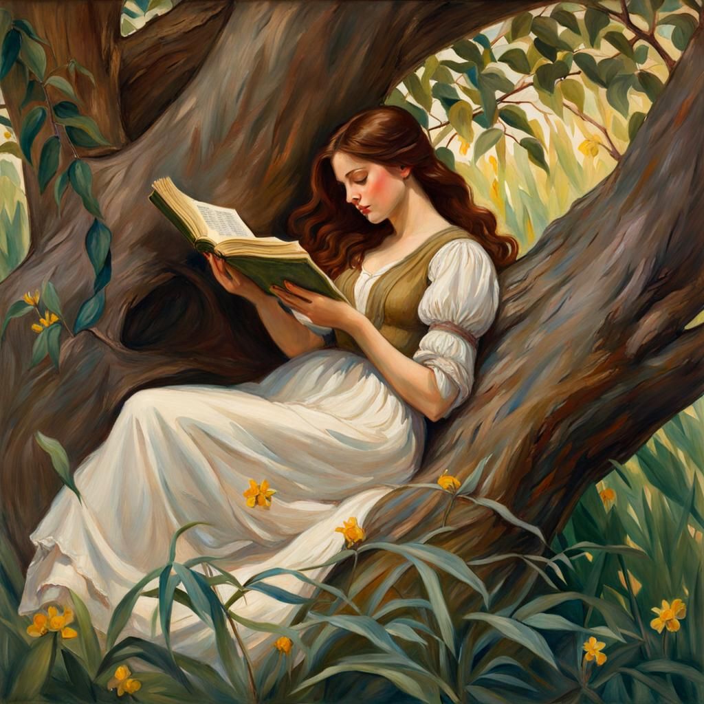 Woman Asleep in Willow Tree, Impressionist Watercolor