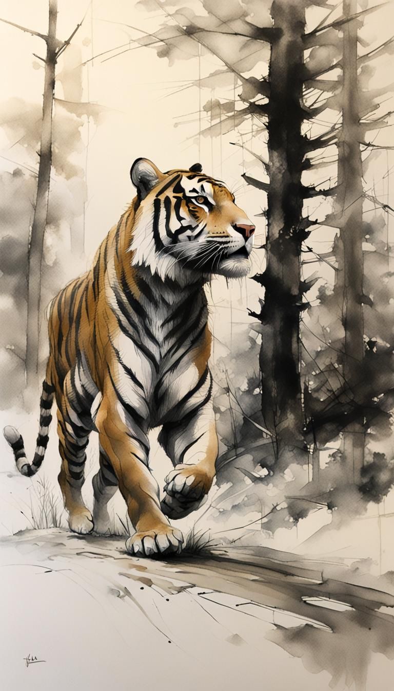 Running Tiger Ink Wash Sketch in Woods