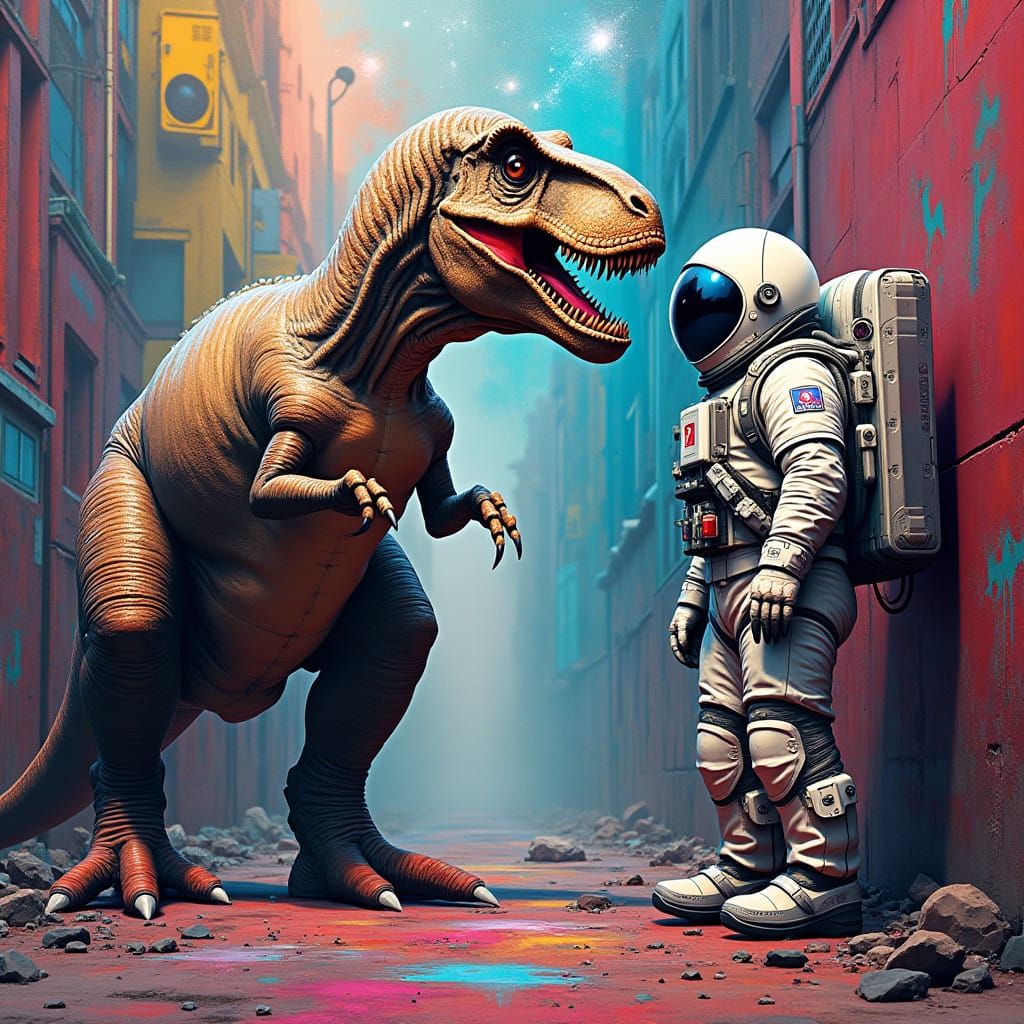 Surreal Cityscape Unites Ancient T-Rex and Futuristic Astron...