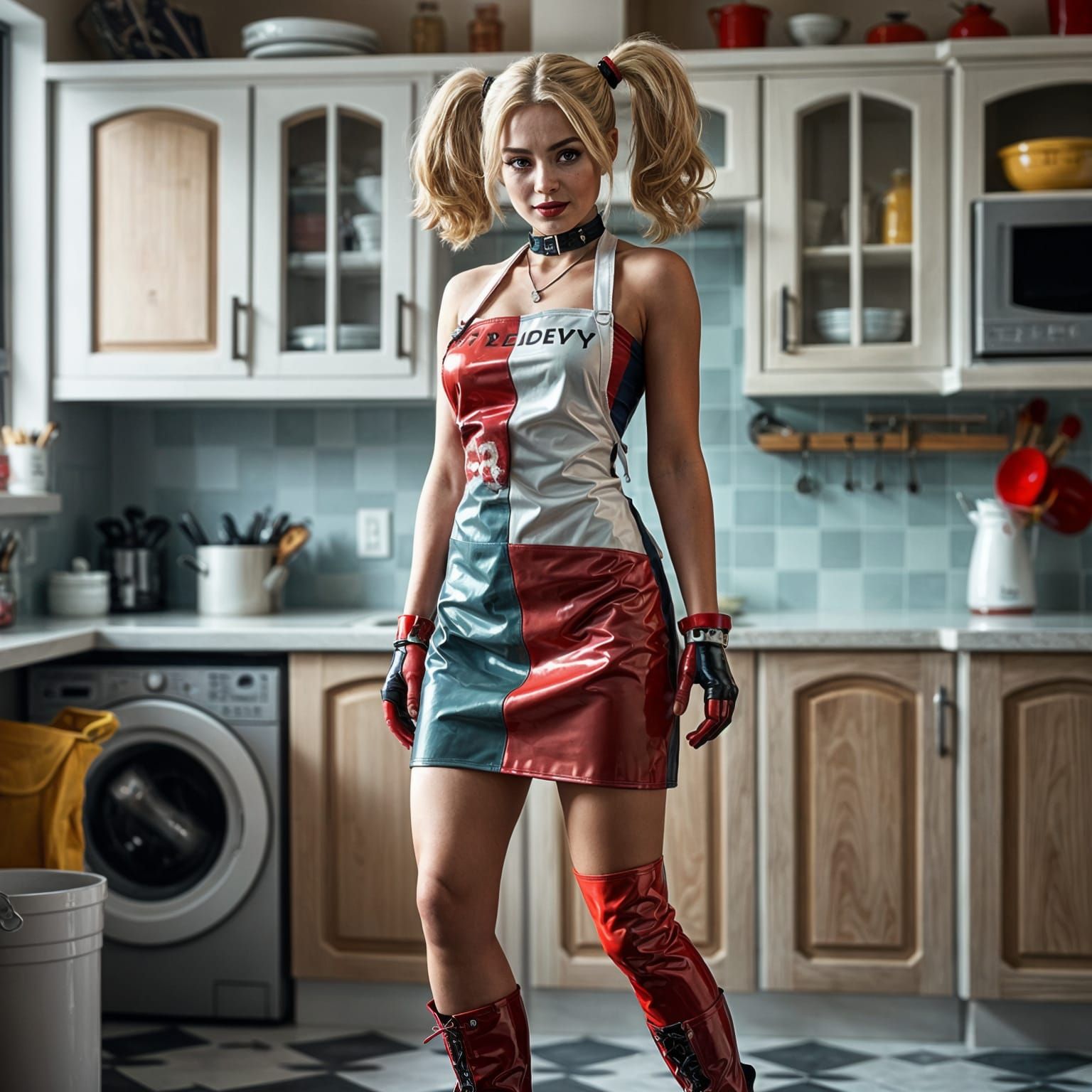 Hyperrealistic Harley Quinn in Latex Apron