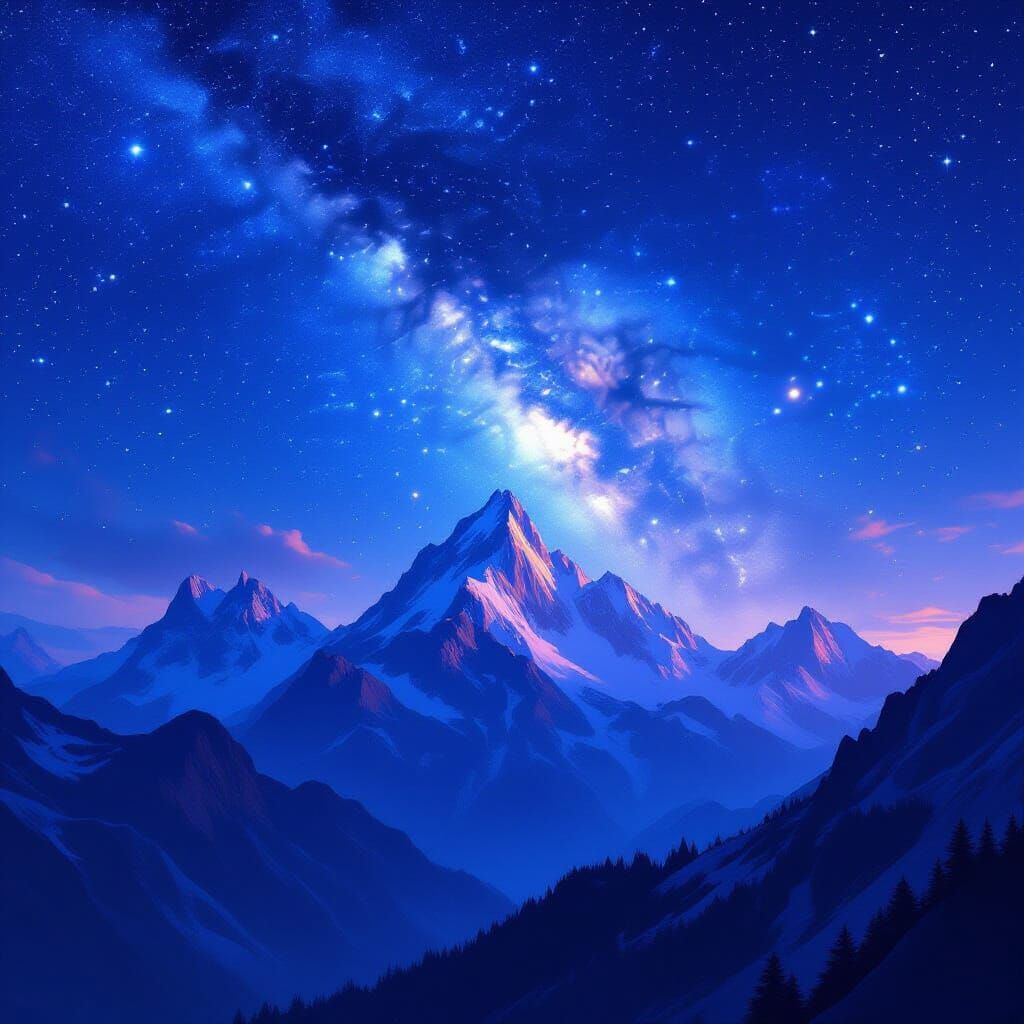 Cosmic Mountainscape Under Starry Night Sky