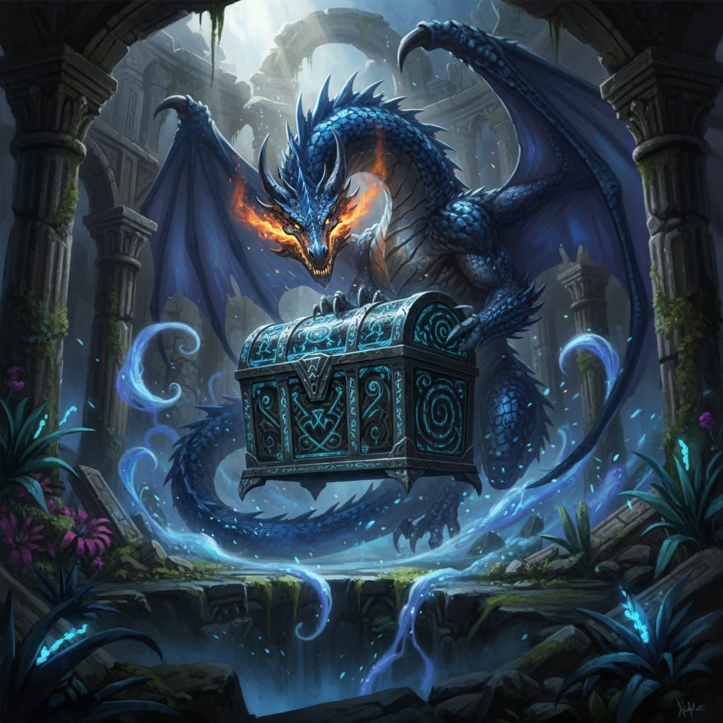 A mystical treasure chest, crafted from swirling obsidian an...