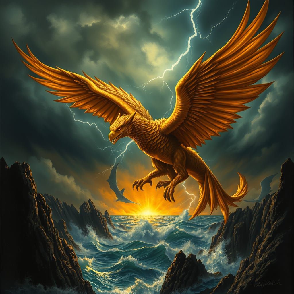 Griffin Soaring Through Storm in Baroque Style