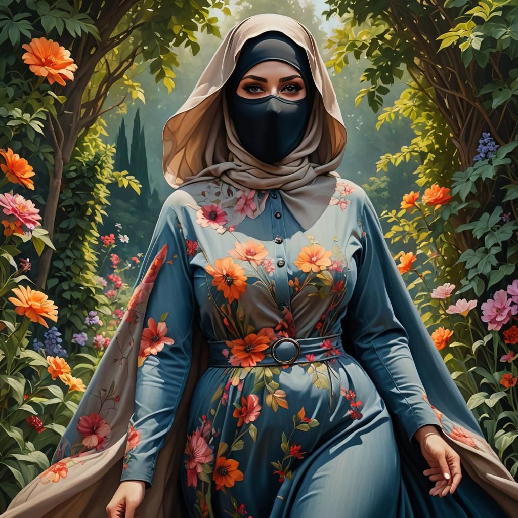 Elegant Woman in Niqab with Garden Background