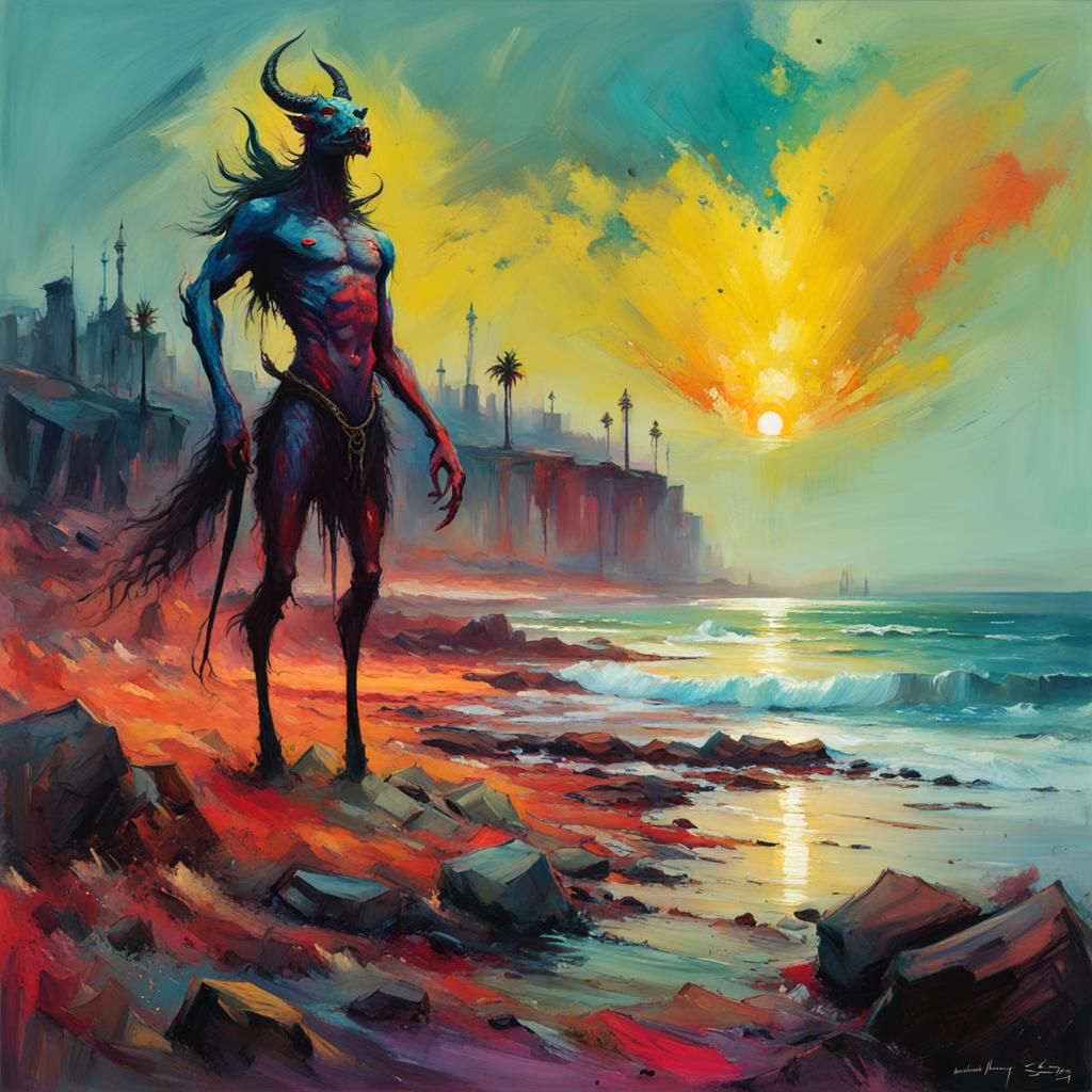 Skinless Nuckelavee on Seashore in Fauvist Style