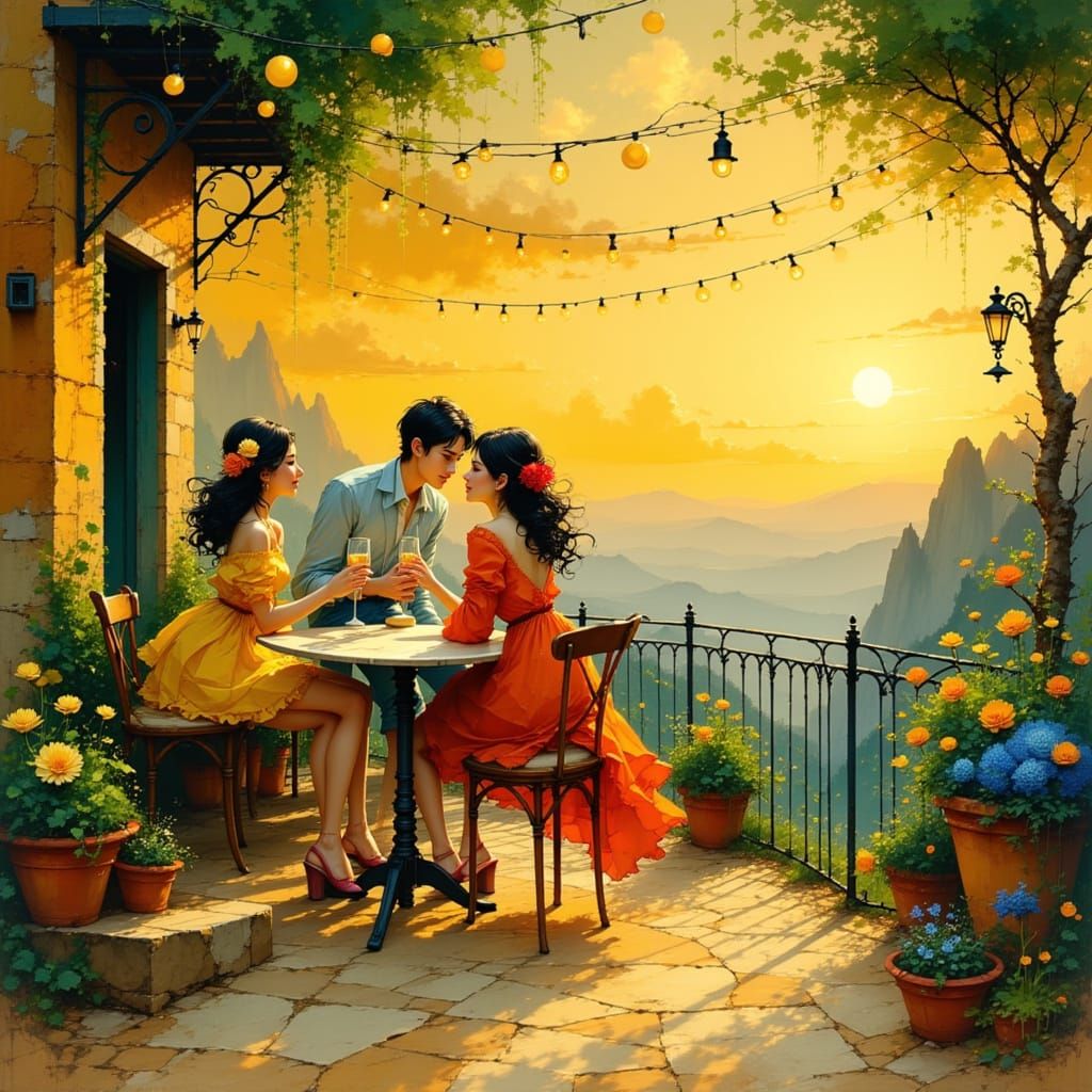 Friends Celebrating on Italian Terrace at Sunset