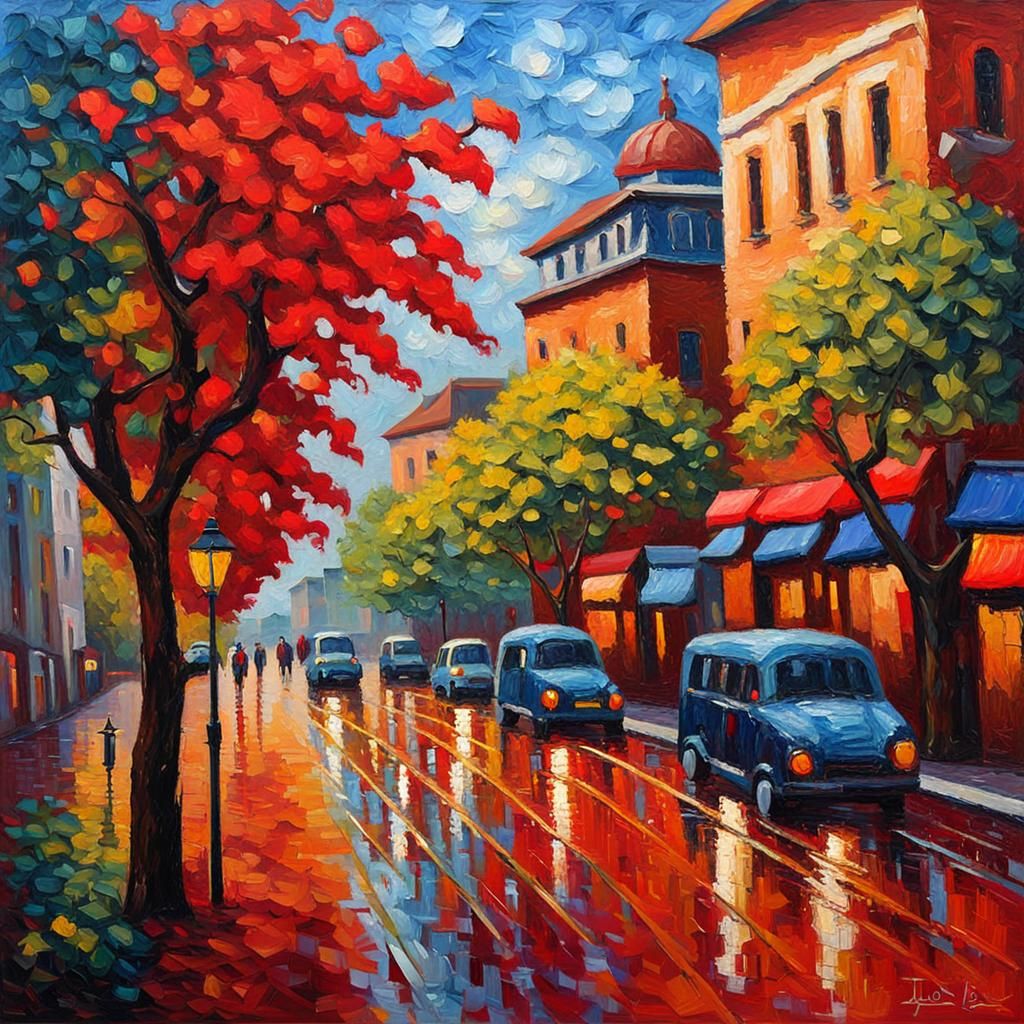 Colorful Street Scene in Neo-Impressionist Style