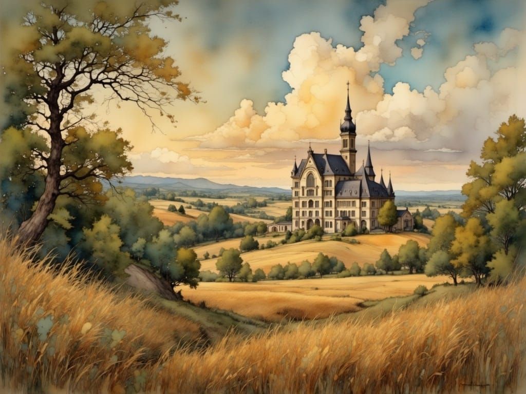 Romanian Revival Building in Wheat Fields, Watercolor Style