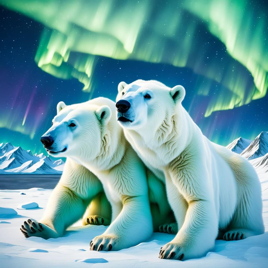 Polar Bears Under Aurora Borealis in Arctic Landscape