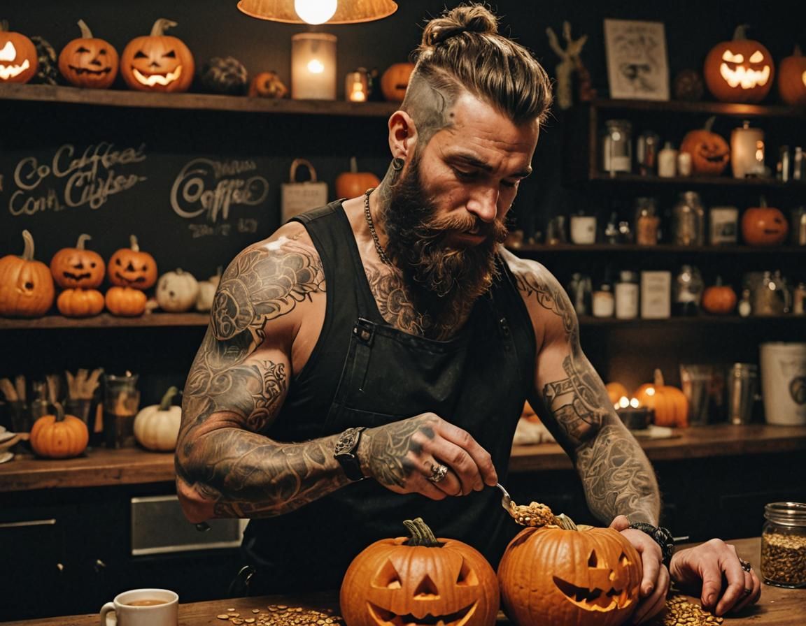 Tattooed Barista Carving Pumpkin: Cinematic Still