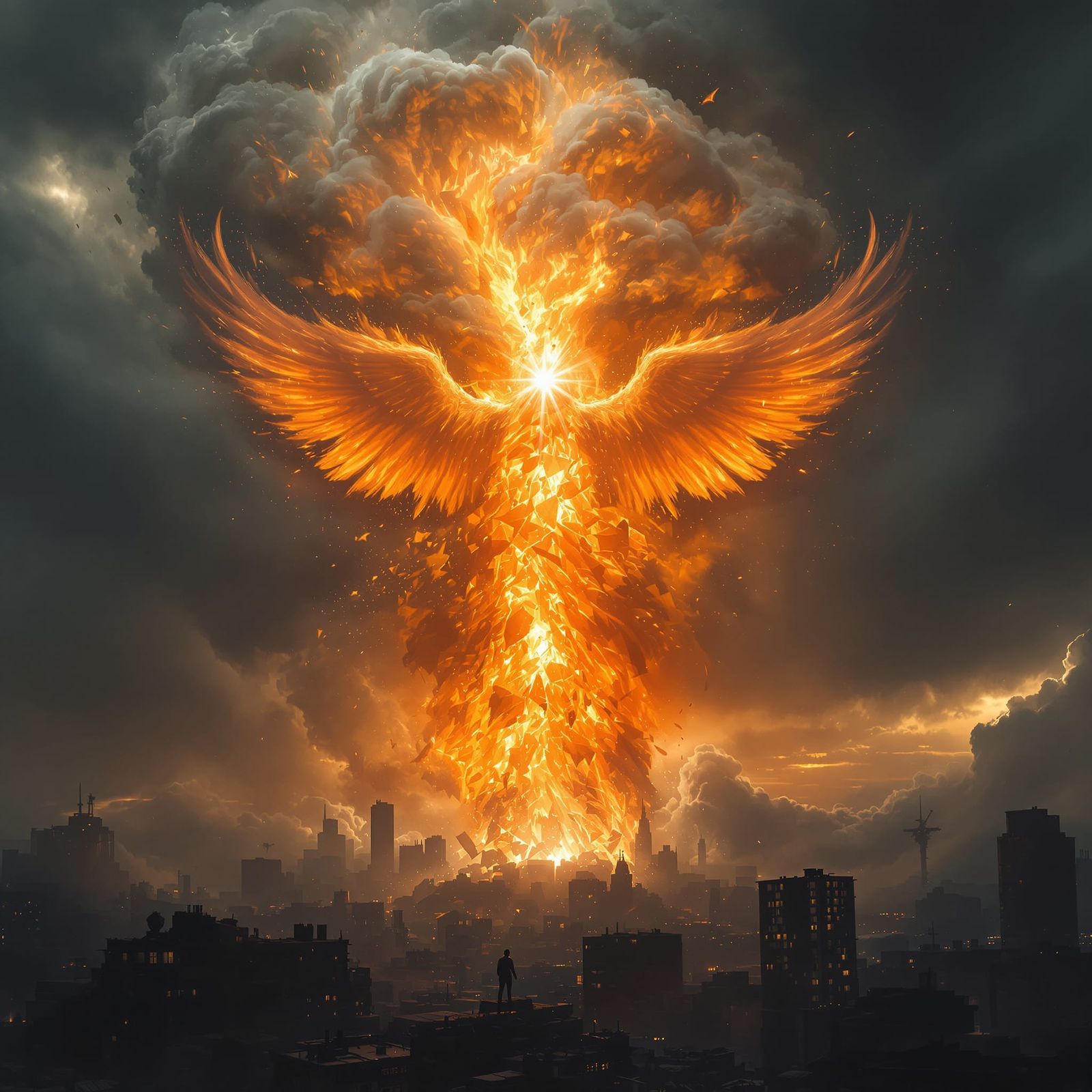 Phoenix Rises From Fiery Cityscape
