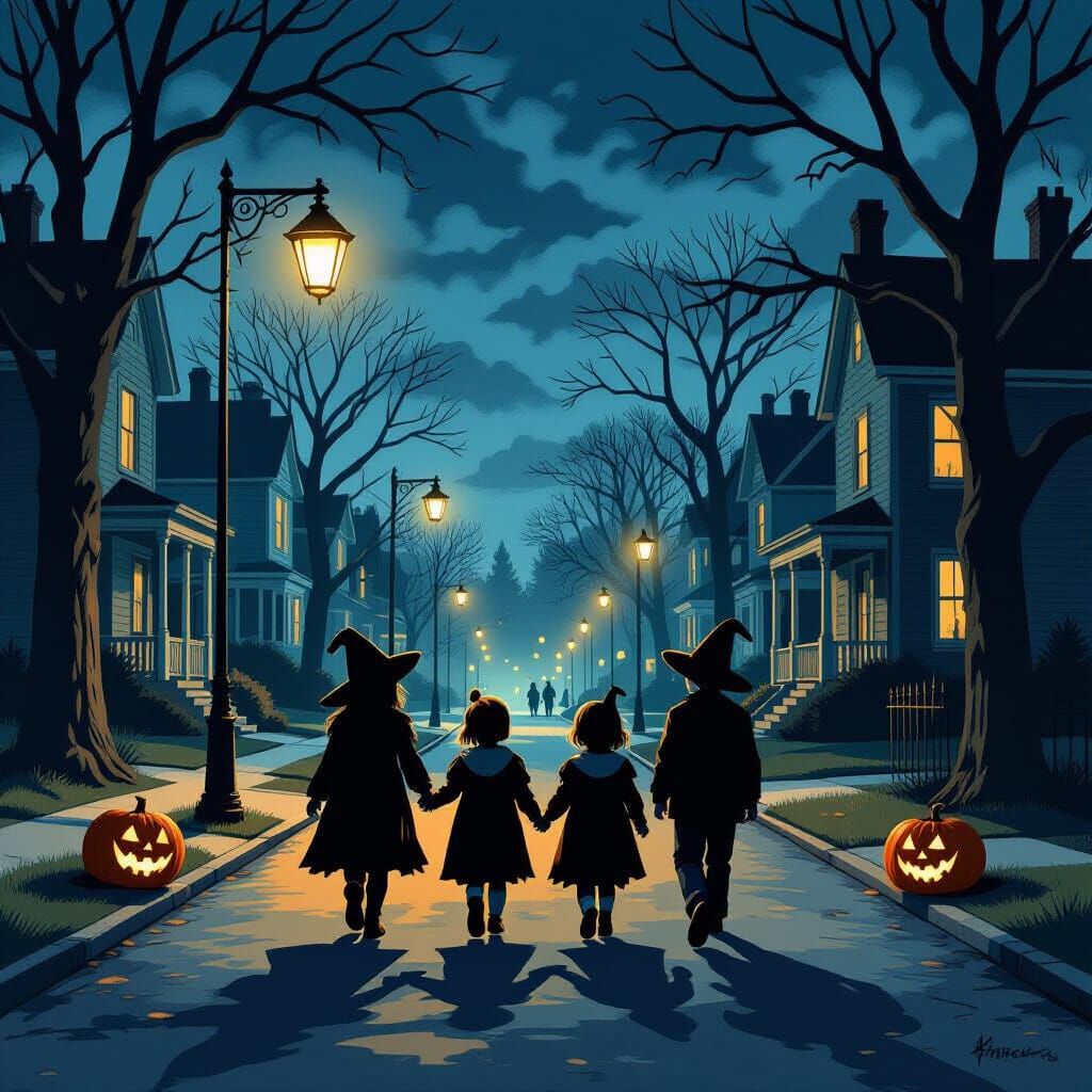 Children in Eerie Costumes on Dusk Street