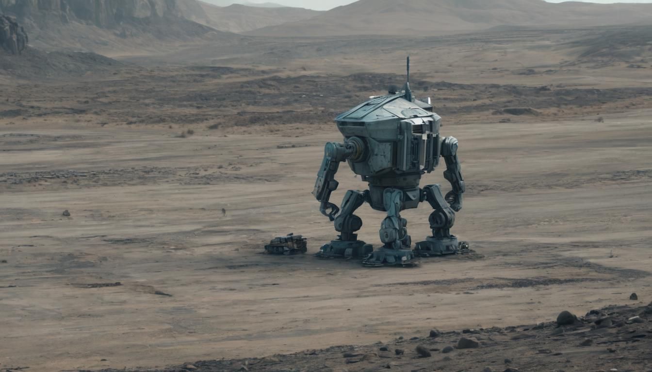 Robotic Castle in Barren Wasteland, Cinematic Film Still