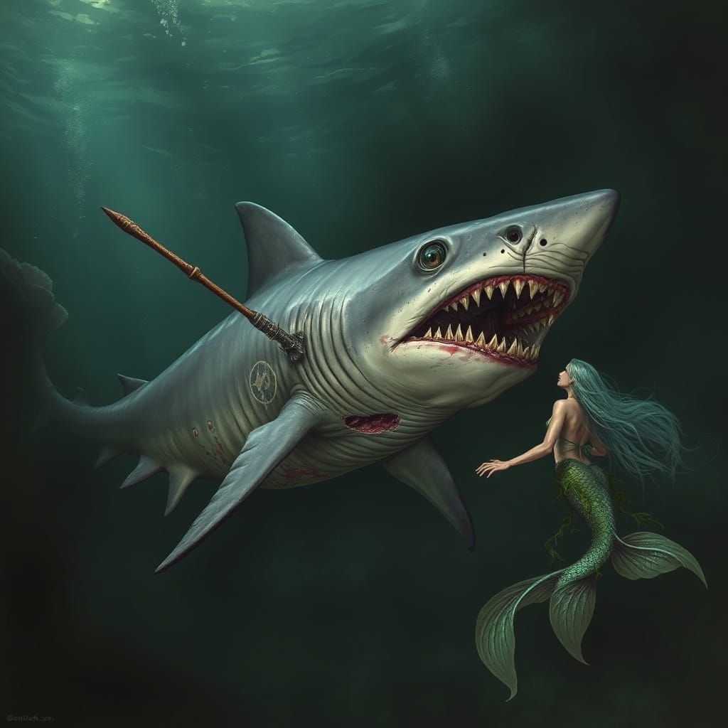 Zombie Shark Stalking Mermaid in Dark Underwater Art