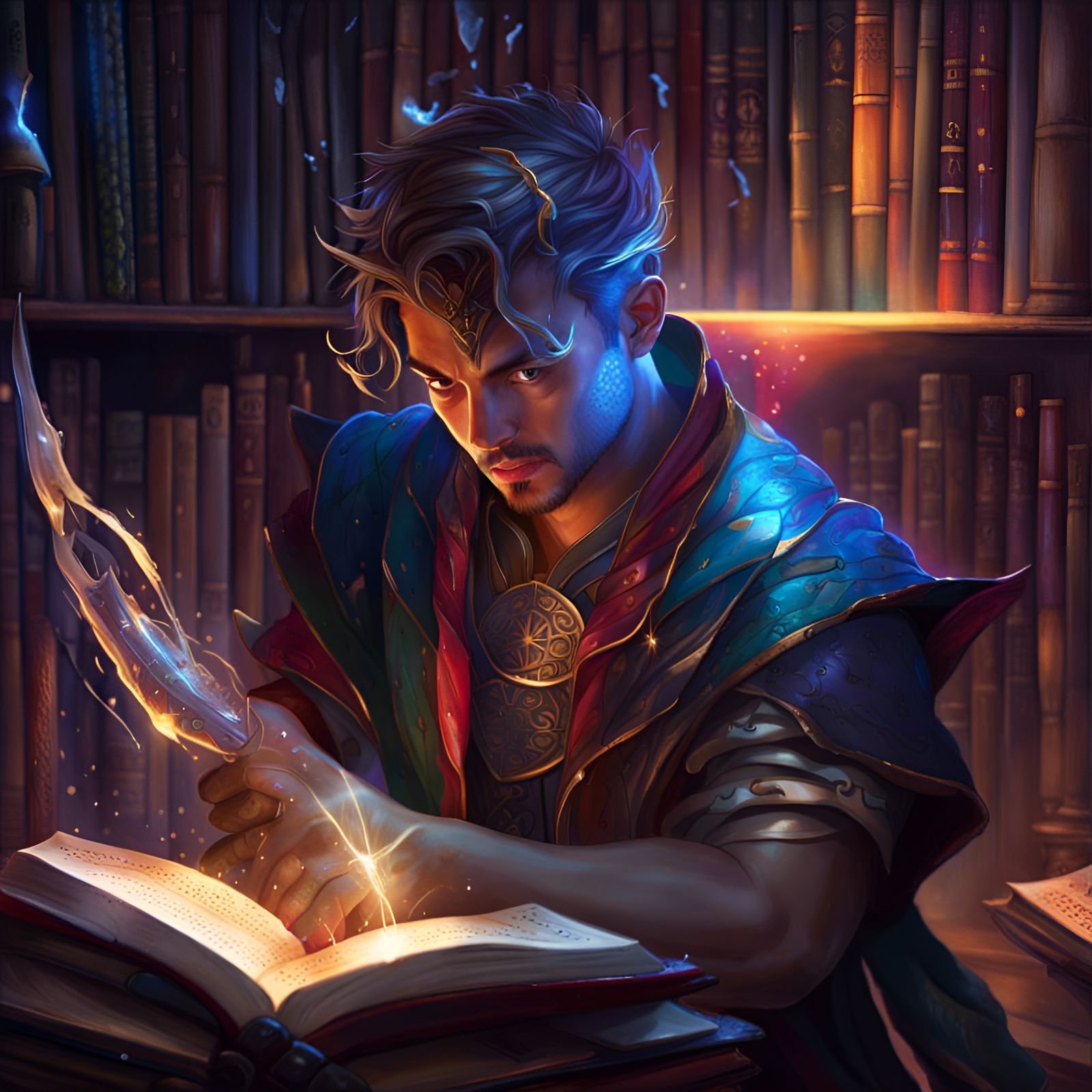 Young Man in Magical Library: Fantasy Art