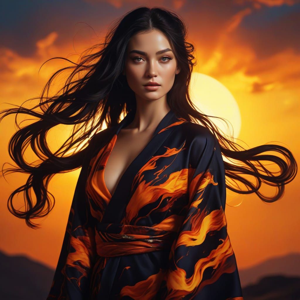 Surreal Sunset Goddess in Vibrant Oil Painting Style