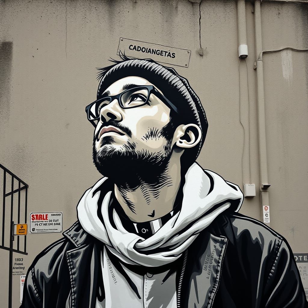 Confident Man Gazing Skyward in Street Art Style