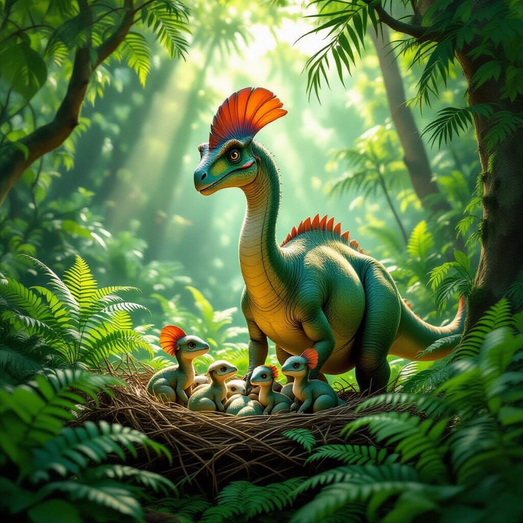 Mother dinosaur guards baby dinosaurs in a nest among ferns.