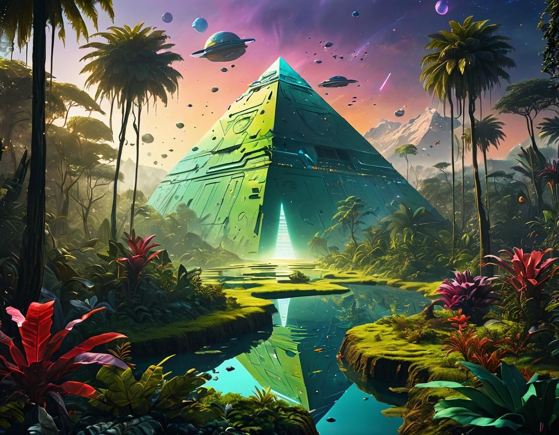 Interstellar Pyramid Spaceship Landing on Jungle Planet