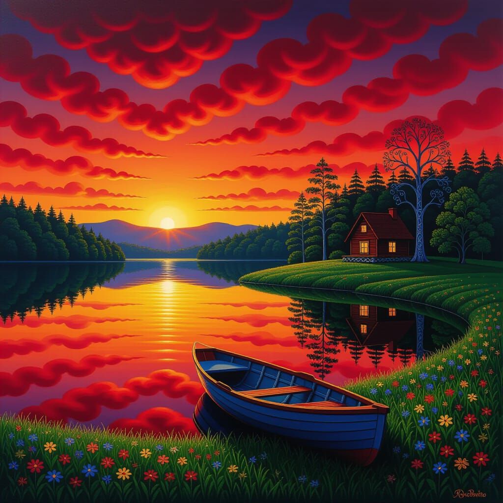 Surreal Sunset Over Calm Lake with Dreamlike Landscape
