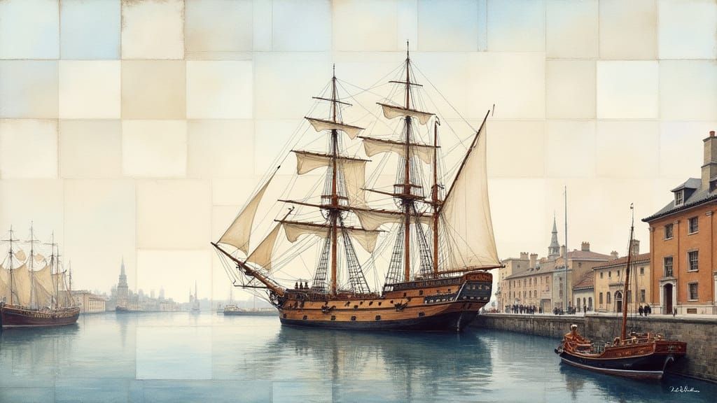 Watercolor Sailing Ship in Muted 18th-Century Harbor Scene