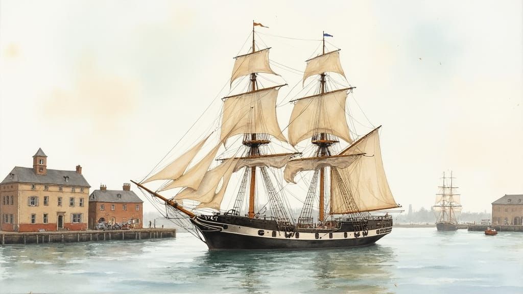 Historic Sailing Vessel in Harbor Watercolor