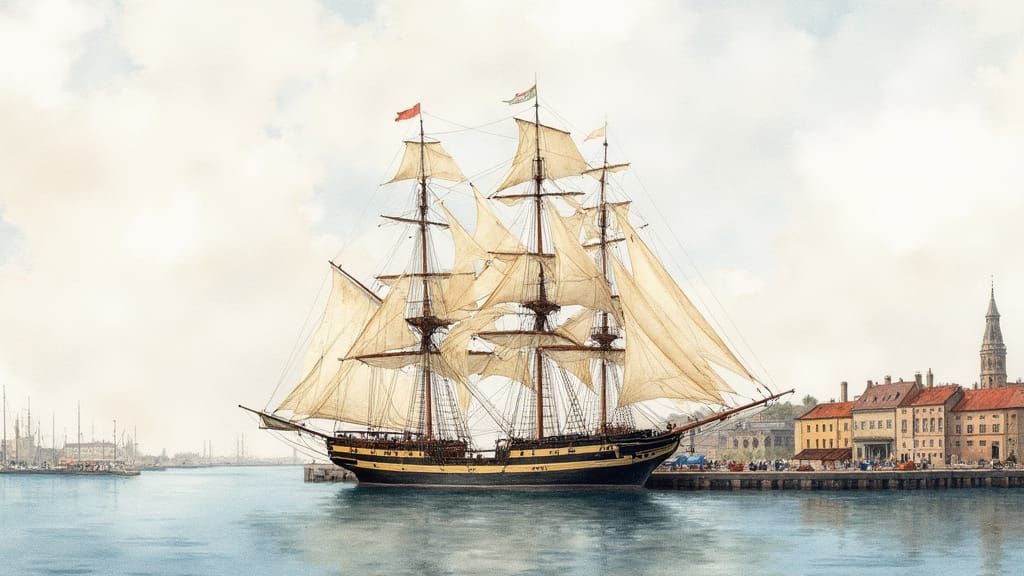 Historical Sailing Ship in a Serene Harbor Scene