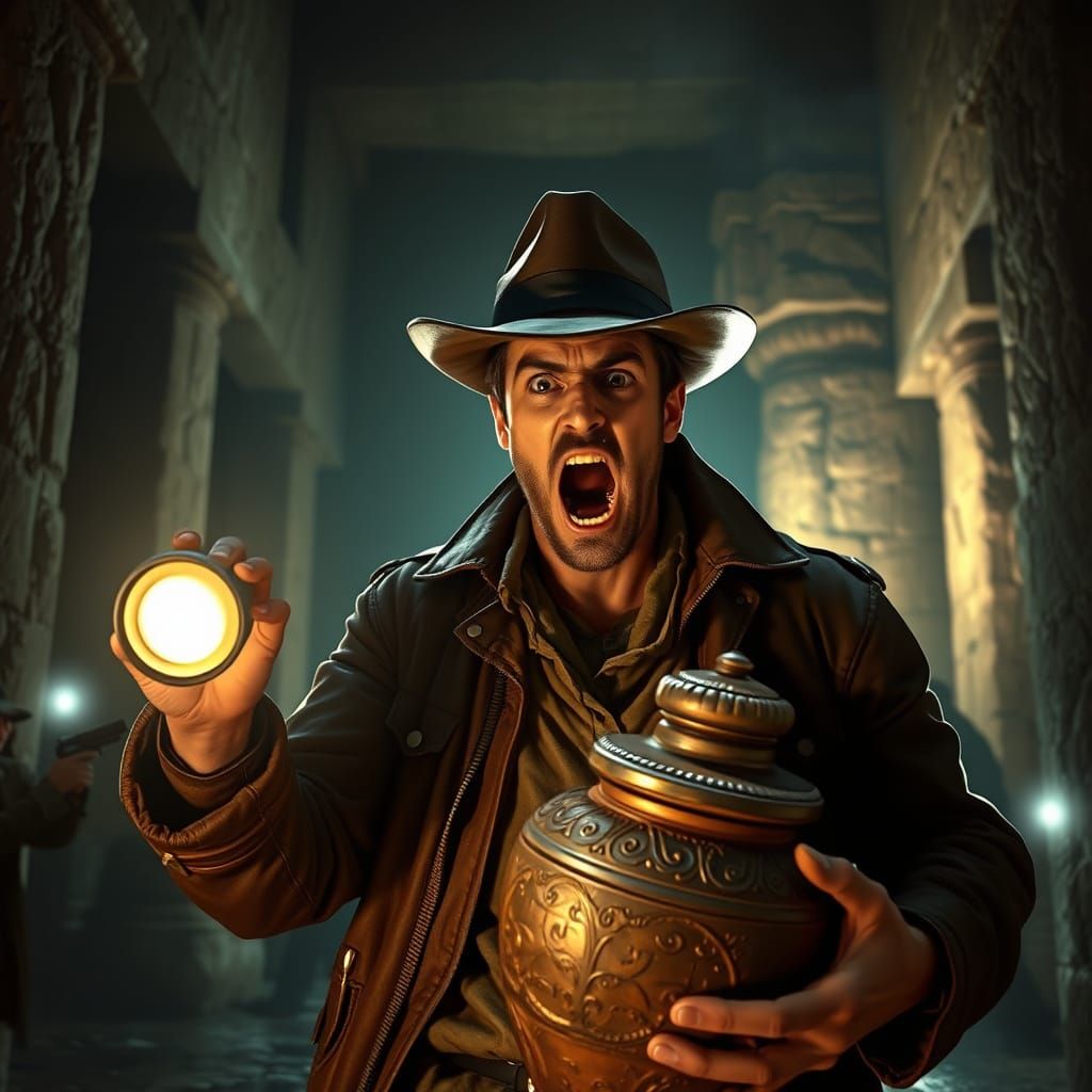 Adventurer Shouts in Dark Temple, Digital Art