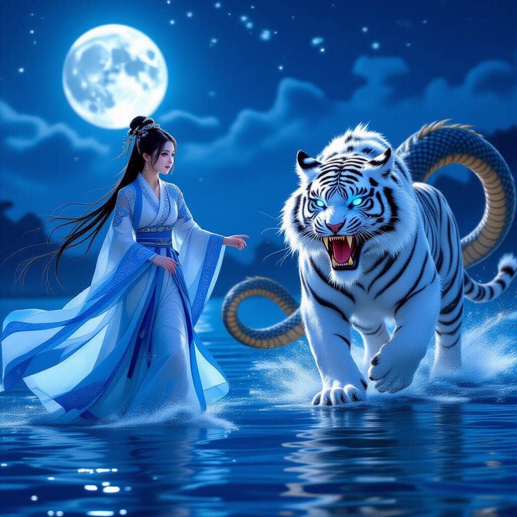 Girl, Tiger, and Snake Demon in Moonlight
