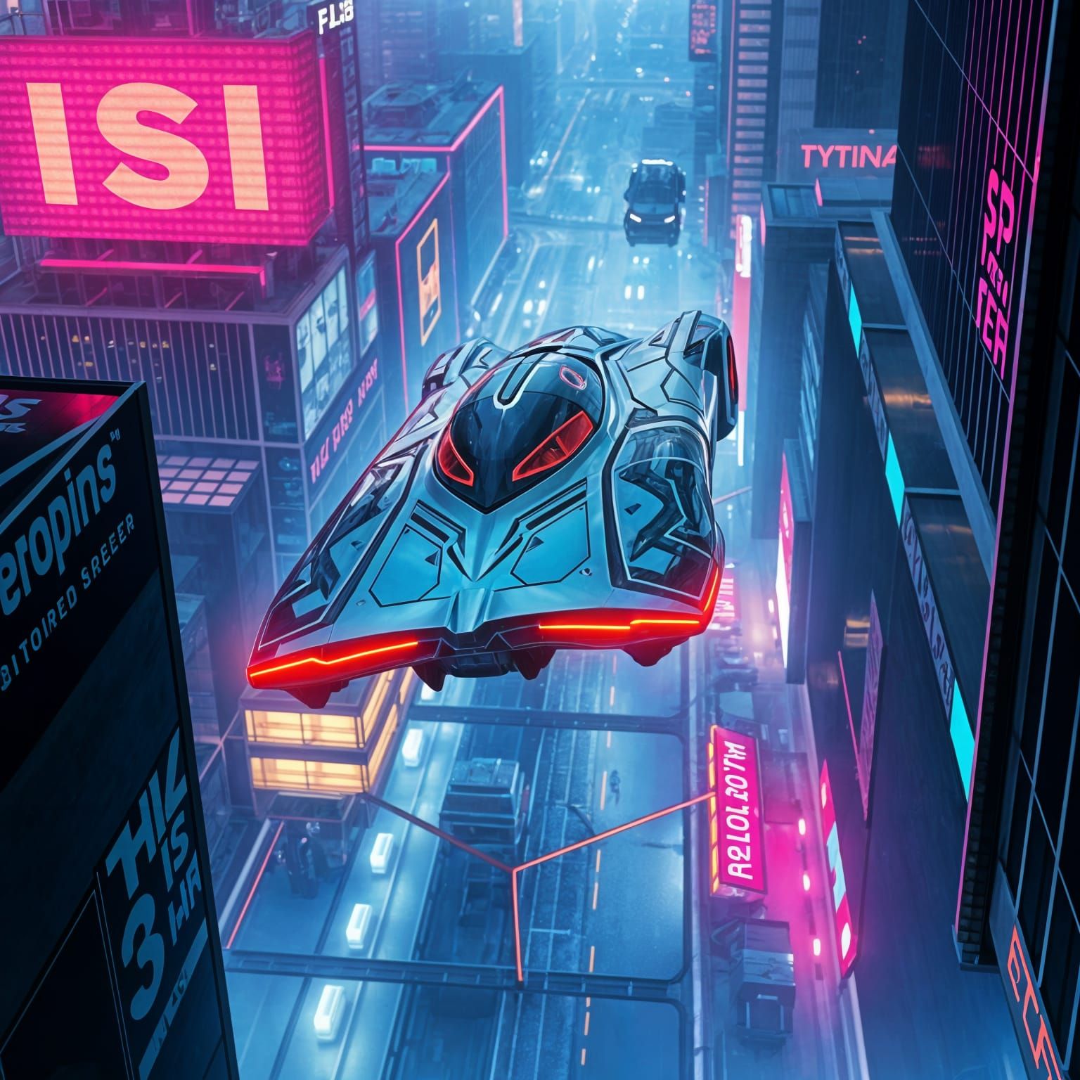 Surreal Futuristic Cityscape Driven by Flying Cars in Neo-Pr...