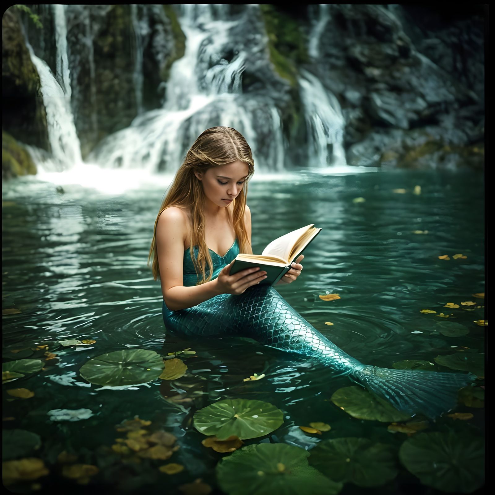 Whimsical Mermaid Amidst Waterfall Oasis