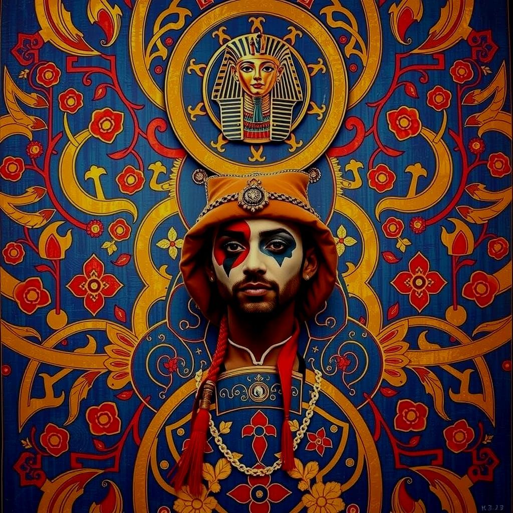 Harlequin Geisha Tutankhamun Full Body Photorealistic Shot