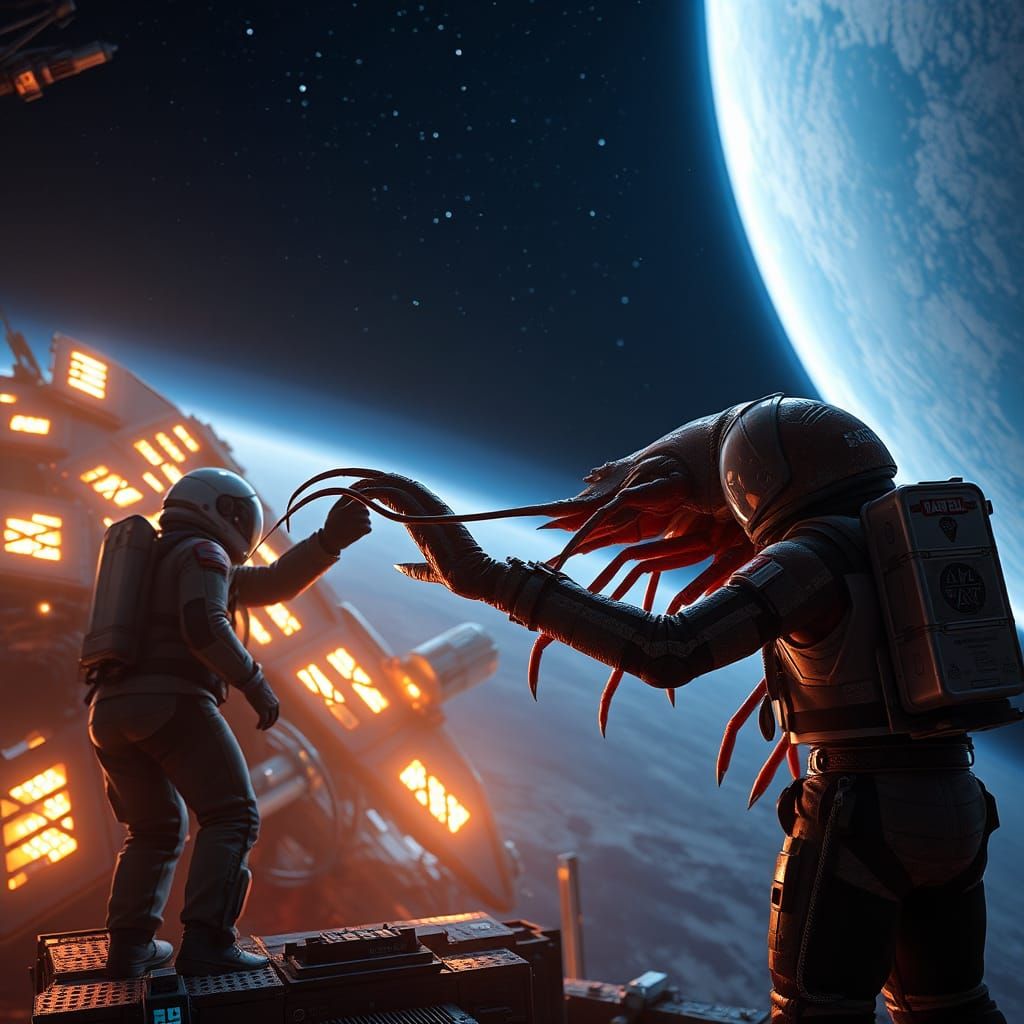 Crab Repairing Space Station, Photorealistic 8K