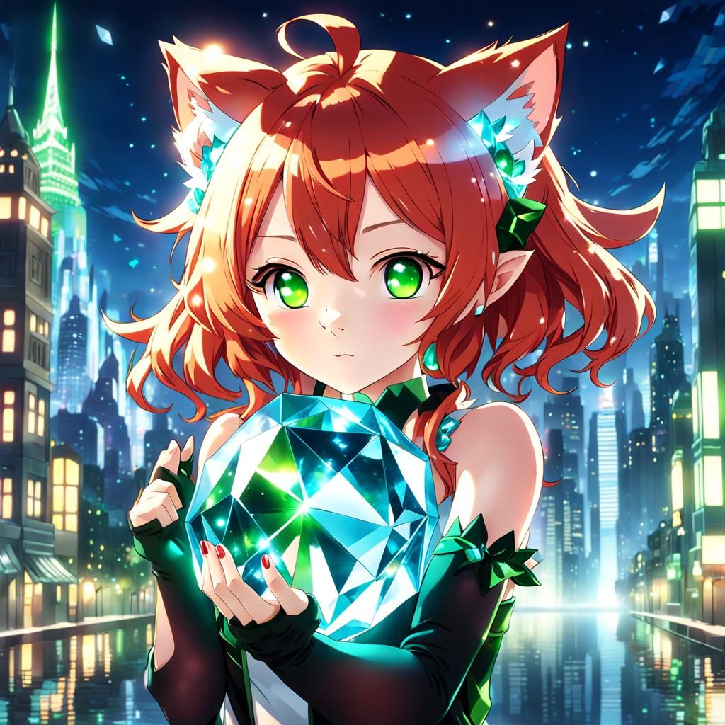 Anime Crystal Girl with Cat Ears and Red Hair
