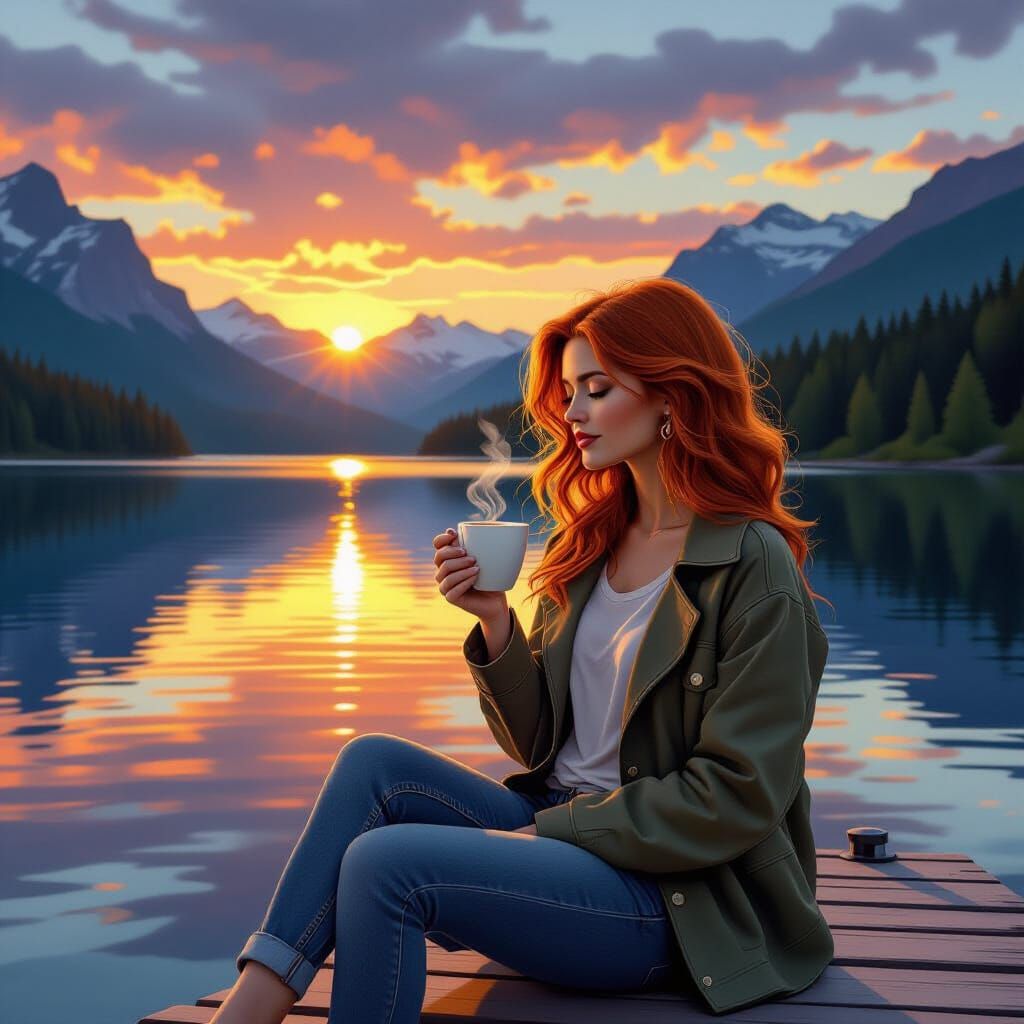 Sunset Serenity: Woman at Mountain Lake in Digital Art