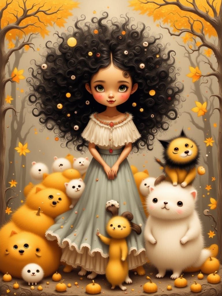 Whimsical Woman With Cat Fuzzies in Miyazaki Style