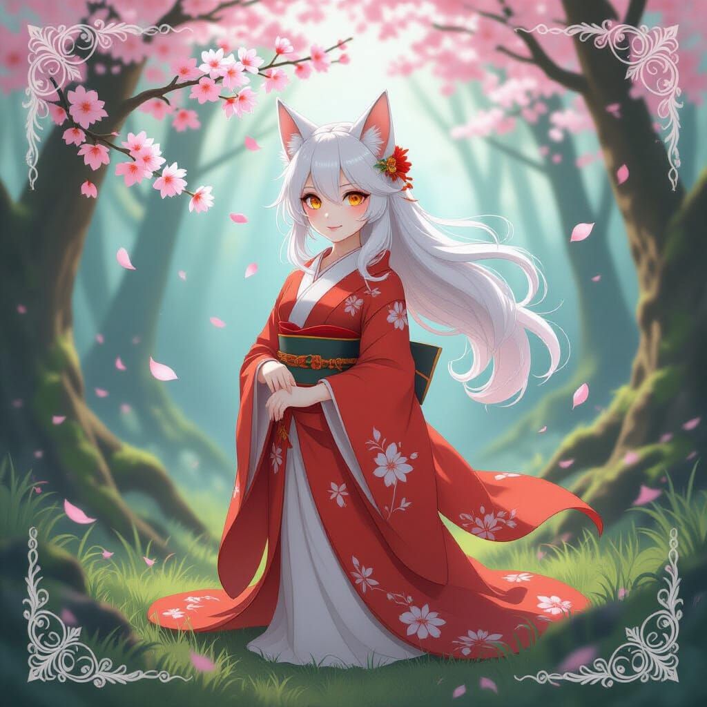 Coral-Red Fox Woman in Mystical Forest, Watermark Style