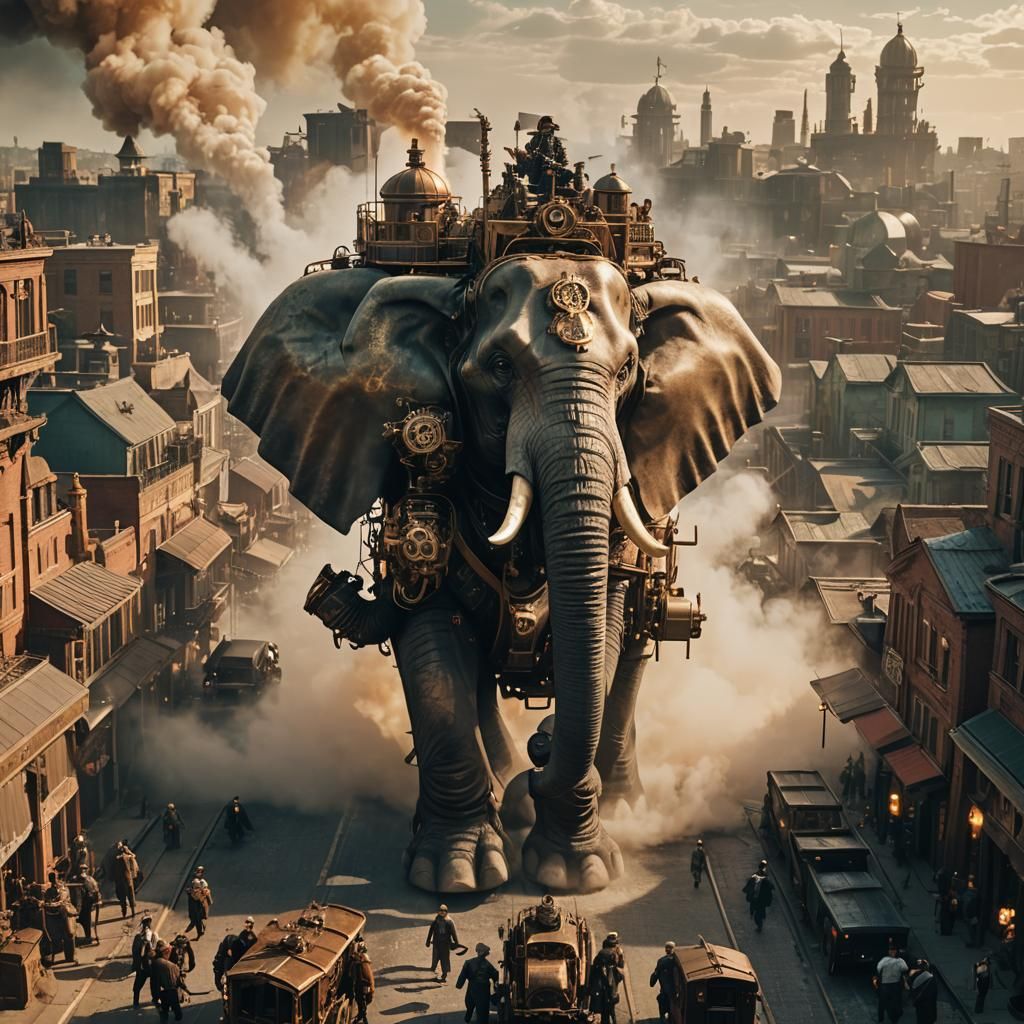 Gigantic Steampunk Battle Elephant Tramples Tiny City