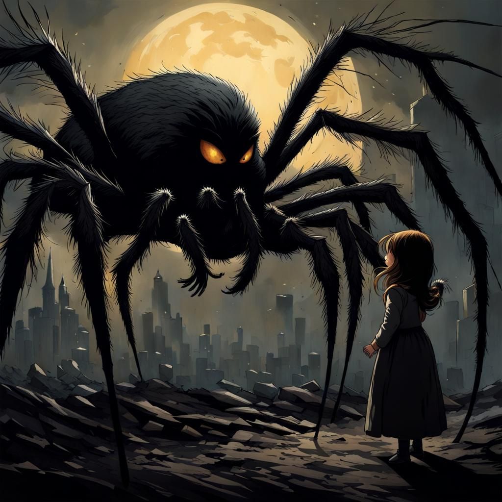 Scary Spider over Victorian Girl: Dark Fantasy Art