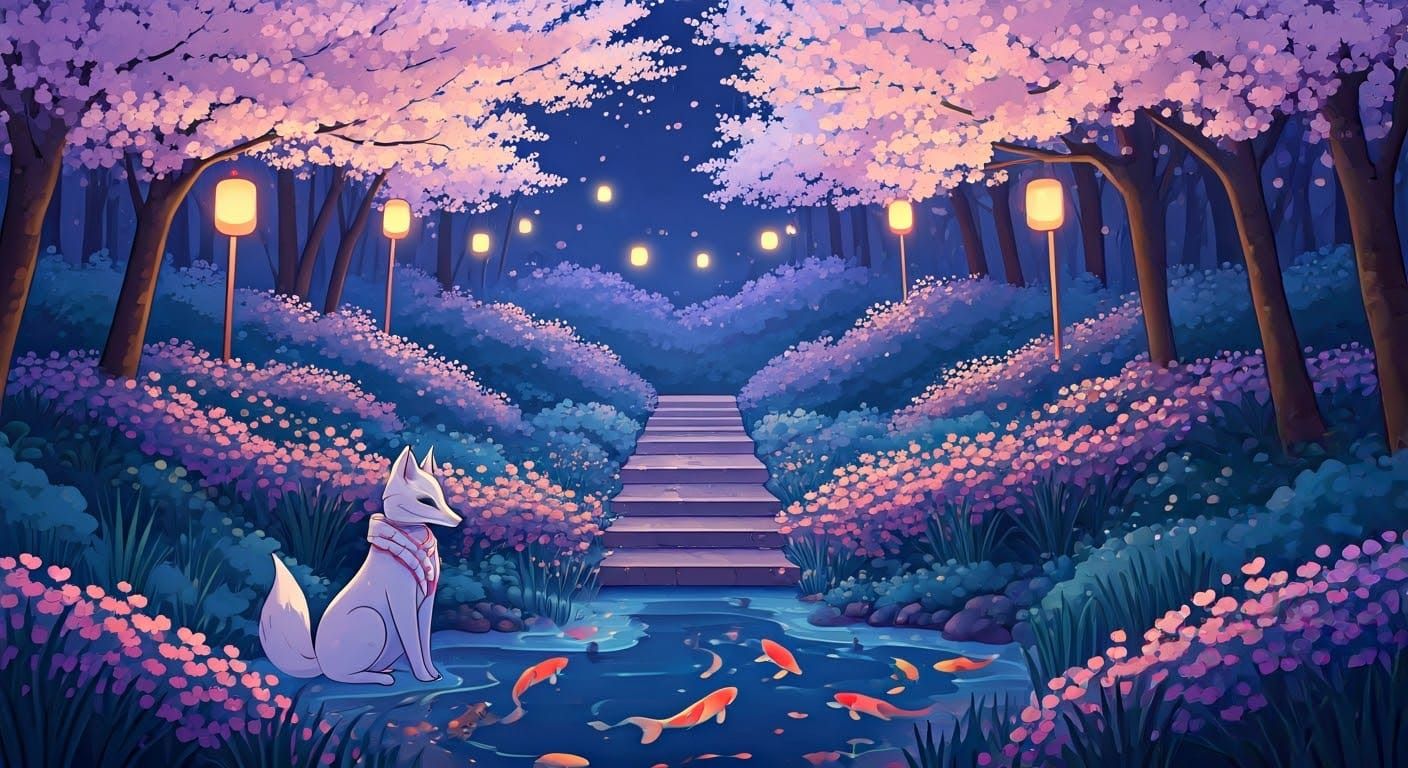 Kitsune in Meiji Cherry Blossom Forest: Ukiyo-e Style