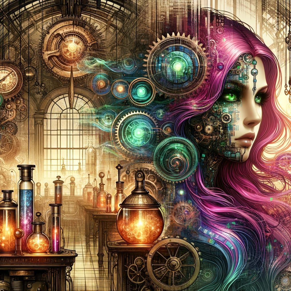 Gothic Artificer Double Exposure in Art Nouveau Style