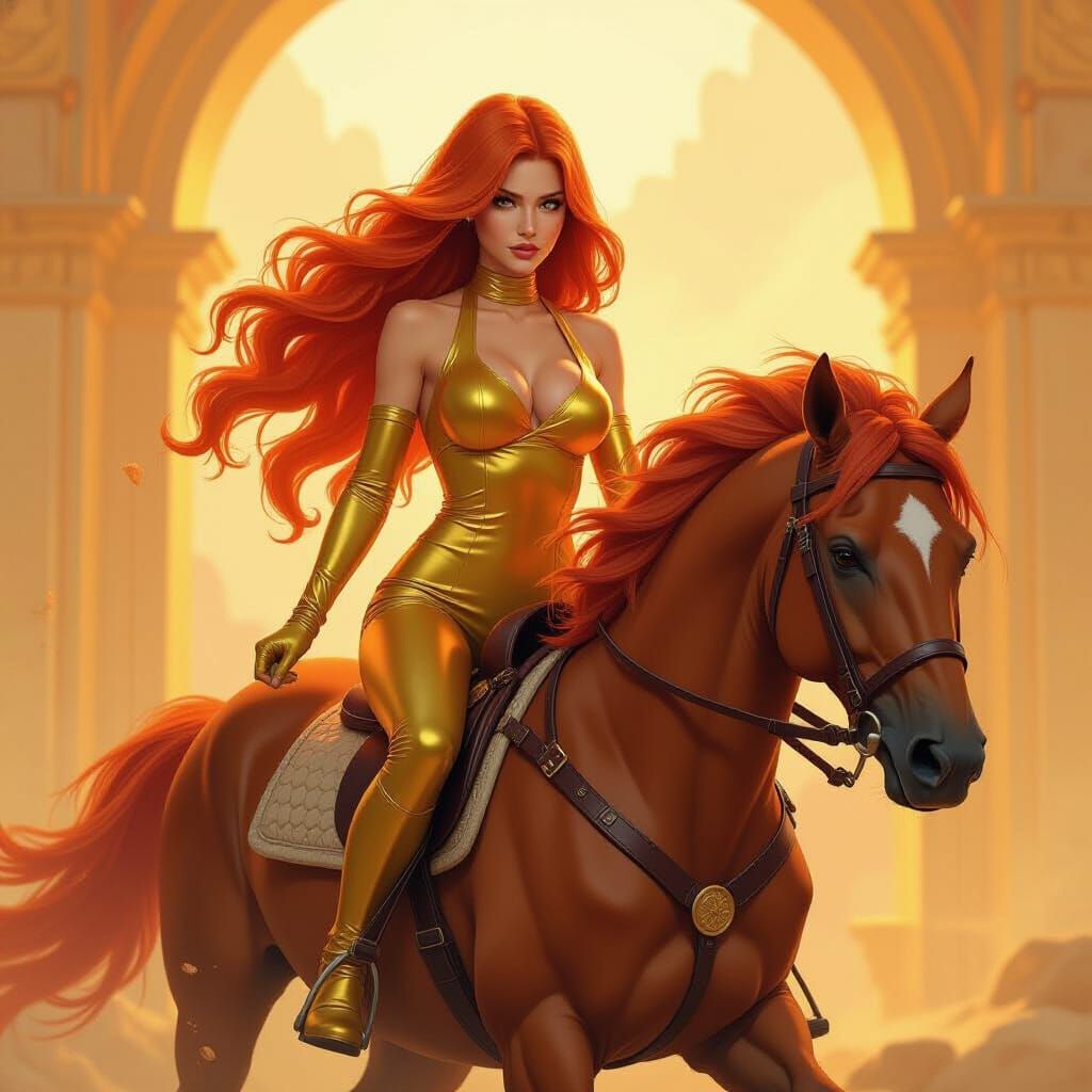Fantasy Woman Riding Centaur in Golden World