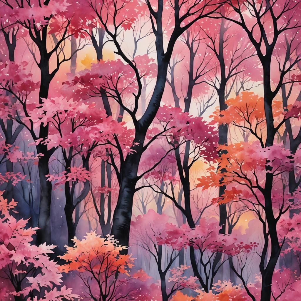 Enchanted Forest with Pink Leaves in Watercolor Style