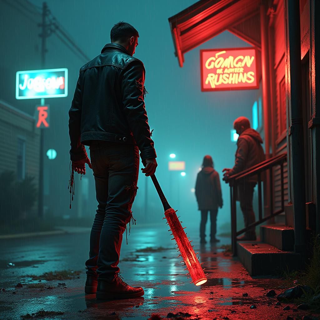 Cyberpunk Defender Facing Marauders in Rain-Soaked Street